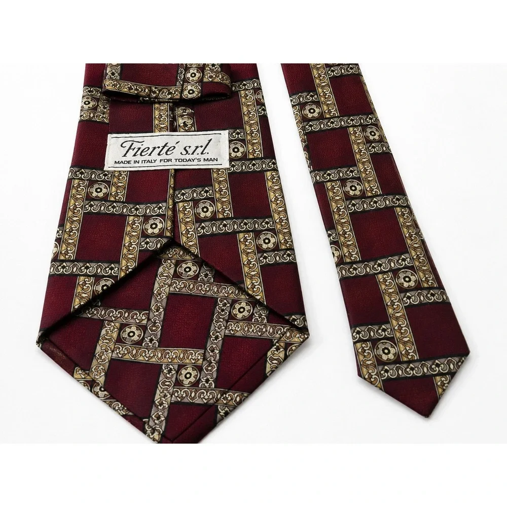 Fierte s.r.l. Mens Burgundy Gold Geometric Tile Silk Tie Made in Italy‎ 56 Inch